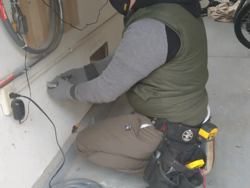 Electrician performing outlet wiring in a Bagdad garage